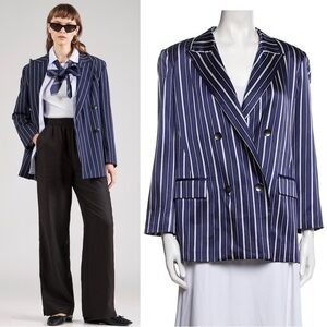 NWT L'AGENCE Silk Satin Navy Stripe Double‎ Breasted Relaxed Fit Blazer Jacket M
